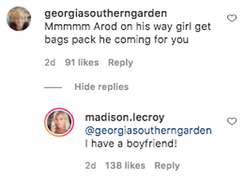 Madison LeCroy paljastab, et tal on poiss -sõber neli päeva pärast Alex Rodriguezi ja Jennifer Lopezi lahkuminekut