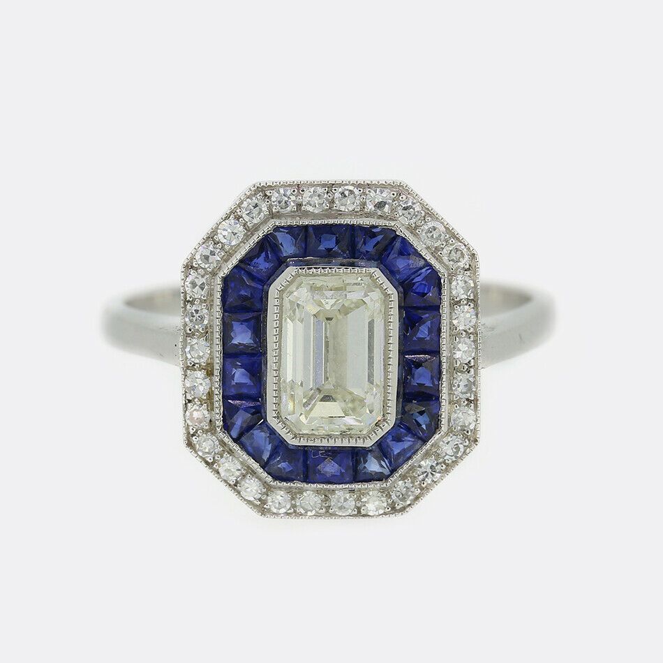 Art Deco Style Sapphire και 0.91 Carat Diamond Cluster Ring 18ct White Gold